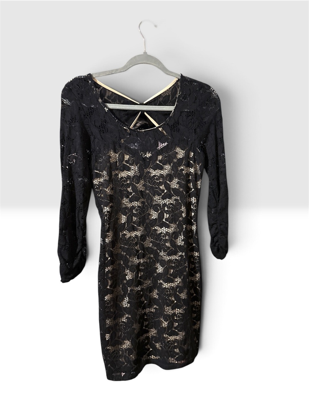 Open Back Black Lace Overlay Sheath Dress w 3/4 Sleeves